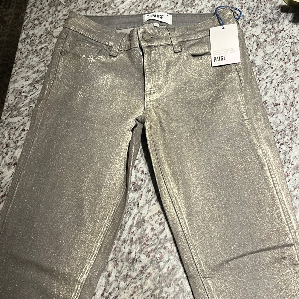 PAIGE denim - silver coated stretch skinny jeans - size 27 NWT